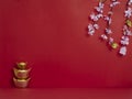 Chinese New Year 2020. Flowers and chinese gold ingot