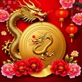 Chinese New Year with golden dragons and peonies