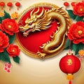 Chinese New Year with golden dragons and peonies