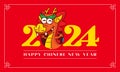 Chinese new year 2024 greeting banner with cartoon cute eastern dragon zodiac spread arm welcome sign