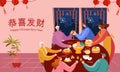 Chinese New Year greeting card. Asian family sits at a table enjoying reunion dinner in flat style vector illustration. Royalty Free Stock Photo