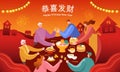 Chinese New Year greeting card. Asian family sits at a table enjoying reunion dinner in flat style vector illustration. Royalty Free Stock Photo