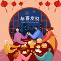 Chinese New Year greeting card. Asian family sits at a table enjoying reunion dinner in flat style vector illustration.