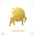 Chinese New Year greeting card concept with golden Ox silhouette and text on white background. - Bull or Taurus symbol. - Vector