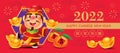 Chinese New Year 2022 greeting card with god of wealth holds gold ingots. Mandarin oranges and gold ingots display on ground