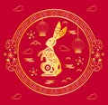 Chinese New Year 2023 greeting card. Golden Christmas bunny with asian ornament. Symbol of new year according to eastern Royalty Free Stock Photo