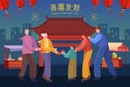 Chinese New Year greeting card. Illustration of grandparents giving kid lucky money on night market.Translation: Wishing you