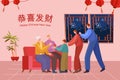 Chinese New Year greeting card. Illustration of grandparents giving kid lucky money.Translation: Wishing you prosperity and wealth