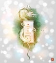Chinese new year 2024 greeting card. Ink wash painting of green dragon holding scroll with greeting. Year of the green Royalty Free Stock Photo