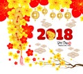 2018 Chinese New Year Greeting Card, Paper cut with Yellow Dog and Sakura Flowers Background hieroglyph: Dog Royalty Free Stock Photo