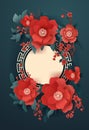chinese new year greeting card with red flowers asian flyer invitation poster vertical