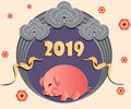 Chinese New Year greeting card template with cute pig, flowers and clouds in paper cut style. vector background