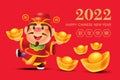 Chinese New Year 2022 greeting. Cartoon god of wealth holds gold ingots with some gold ingots on ground