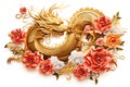Chinese New Year or Happy New Year 2024, Year of the Dragon, golden dragon, Asian style composition illustration, golden paper cut