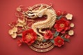 Chinese New Year or Happy New Year 2024, Year of the Dragon, golden dragon, Asian style composition illustration, golden paper cut