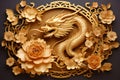 Chinese New Year or Happy New Year 2024, Year of the Dragon, golden dragon, Asian style composition illustration, golden paper cut