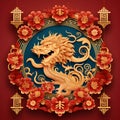 Chinese New Year or Happy New Year 2024, Year of the Dragon, golden dragon, Asian style composition illustration, golden paper cut