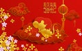 2020 Chinese new year; happy gold mouse relaxing on cloud ; Chinese translation` happy New year`.