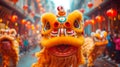 Chinese New Year or Lantern Festival with lanterns and dancing lion in old town