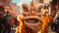 Chinese New Year or Lantern Festival with lanterns and dancing lion in old town