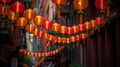 Chinese new year lanterns with blessing text mean happy, healthy and wealth in china town, generative ai Royalty Free Stock Photo