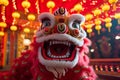 Chinese New Year Lion Dance at Temple with Red Lanterns