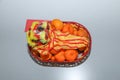 Chinese New Year, orange fruit basket with Chinese Dragon and angpao top view close up Royalty Free Stock Photo