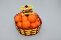 Chinese New Year mandarin oranges, fruits basket with Chinese dragon, Lunar new year, Spring festival Royalty Free Stock Photo