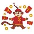 Chinese New Year, Monkey in clothing, red envelopes and lucky coins Royalty Free Stock Photo