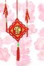 Chinese New Year ornaments on plum blossoms backg