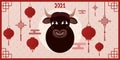 Chinese new year of ox, cartoon character of cow, oriental ornate, laterns and signs, web banner,asian elements