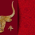 Chinese new year 2021 year of the ox , red and gold ornamental half of face ox character, flower and asian elements with craft