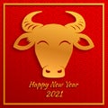 Chinese new year 2021 year of the ox , red and gold paper cut ox character in craft style on traditional background.