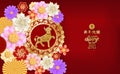 Chinese new year 2021 year of the ox , red paper cut ox character,flower and Asian elements with craft style on background.Chines