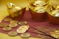 Chinese New Year packets with Chinese Gold Ingots and gold coins on yellow background. Festival season concept.