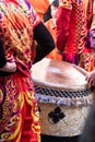 Chinese New Year parade in Usera neighborhood, Madrid. Spain. Close-up of a ceremonial drum carried by participants dressed in