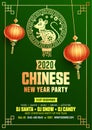 2020 Chinese New Year Party Flyer Design with Hanging Golden Rat Zodiac Sign and Lanterns.