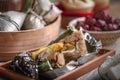 Chinese New Year party table with food and traditional decorations Royalty Free Stock Photo