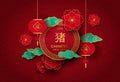 Chinese New Year of pig red and gold paper card