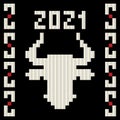 The Chinese new year. 2021. Pixel art. White metal Bull Symbol of the New year. Vector Astrological sign of the bull