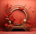 chinese new year podium with red plants and red and gold flowers