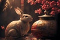 Chinese new year postcard with bunny rabbit. Generative AI