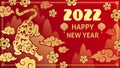 Chinese new year poster. Gold tiger greeting card, asian culture, winter holiday traditional red background zodiacal