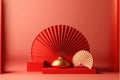 Chinese new year and Product display for display concept.Red podium display mockup on red abstract background with hand paper fan. Royalty Free Stock Photo