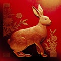 Chinese new year 2023 year of the rabbit. Gold bunny rabbit with red background. Generative ai