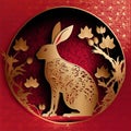 Chinese new year 2023 year of the rabbit. Gold bunny rabbit with red background. Generative ai