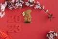 Chinese New Year, year of the rabbit. Year 2023 with golden rabbit and plum blossom fans. Copy space. Royalty Free Stock Photo