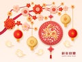 Chinese New Year rabbit zodiac and sakura blossom, paper clouds