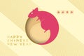 2020 Chinese new year of the Rat. Greeting card with silhouette pink rat with golden decor elements on the background of Asian