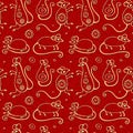 Chinese New Year of the rat seamless pattern with red watercolor mouse animals, gold asian culture icons and hand drawn Royalty Free Stock Photo